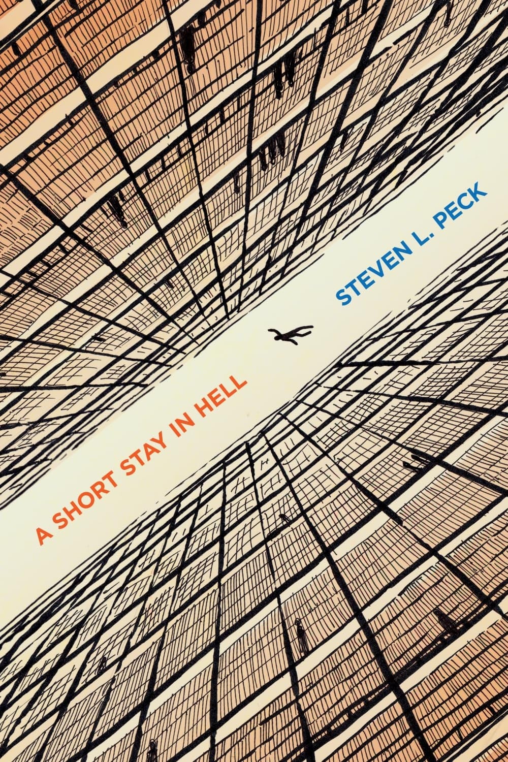 Book screen  of "A Short Stay successful  Hell" by Steven L. Peck, featuring an abstract, towering room  illustration with a lone figure