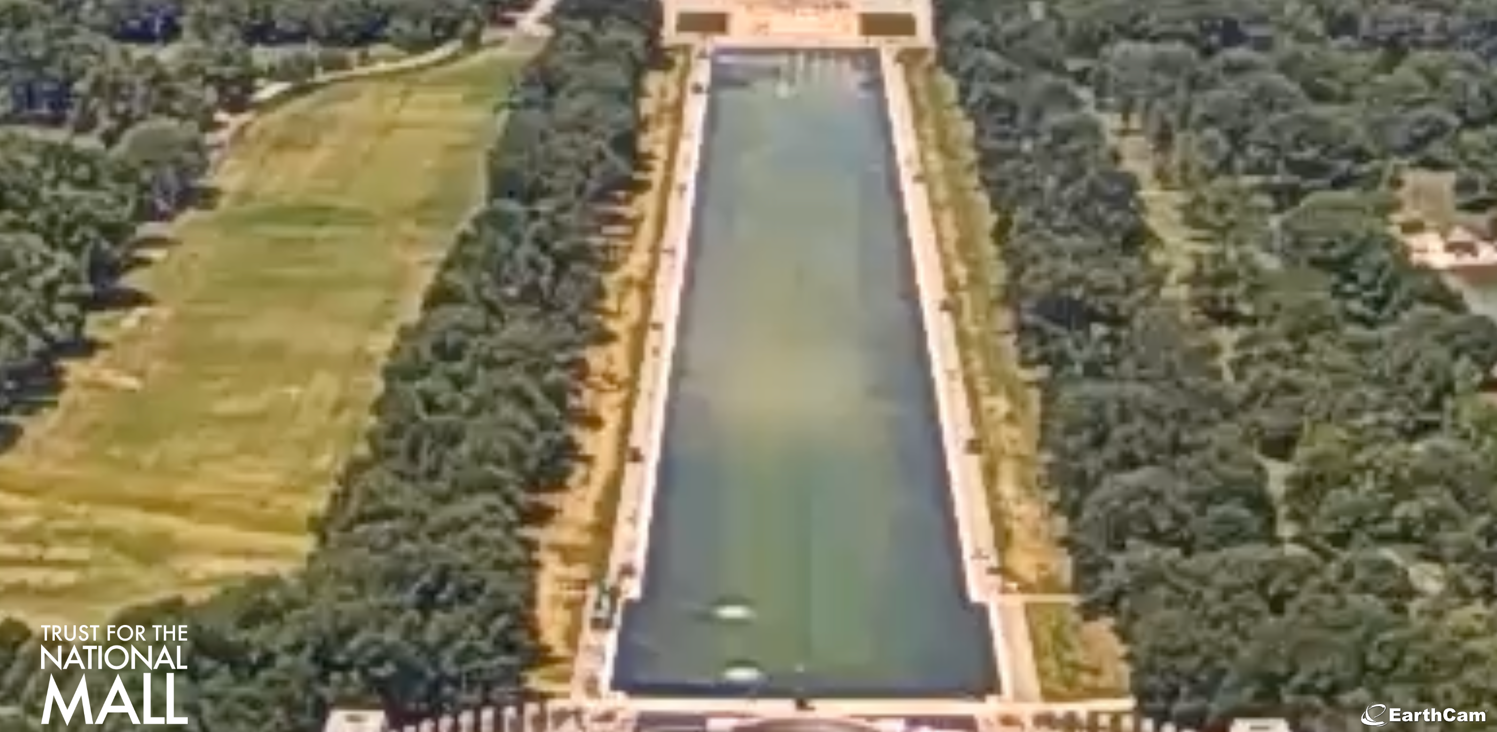 Aerial presumption of the Lincoln Memorial Reflecting Pool, surrounded by trees and lawns