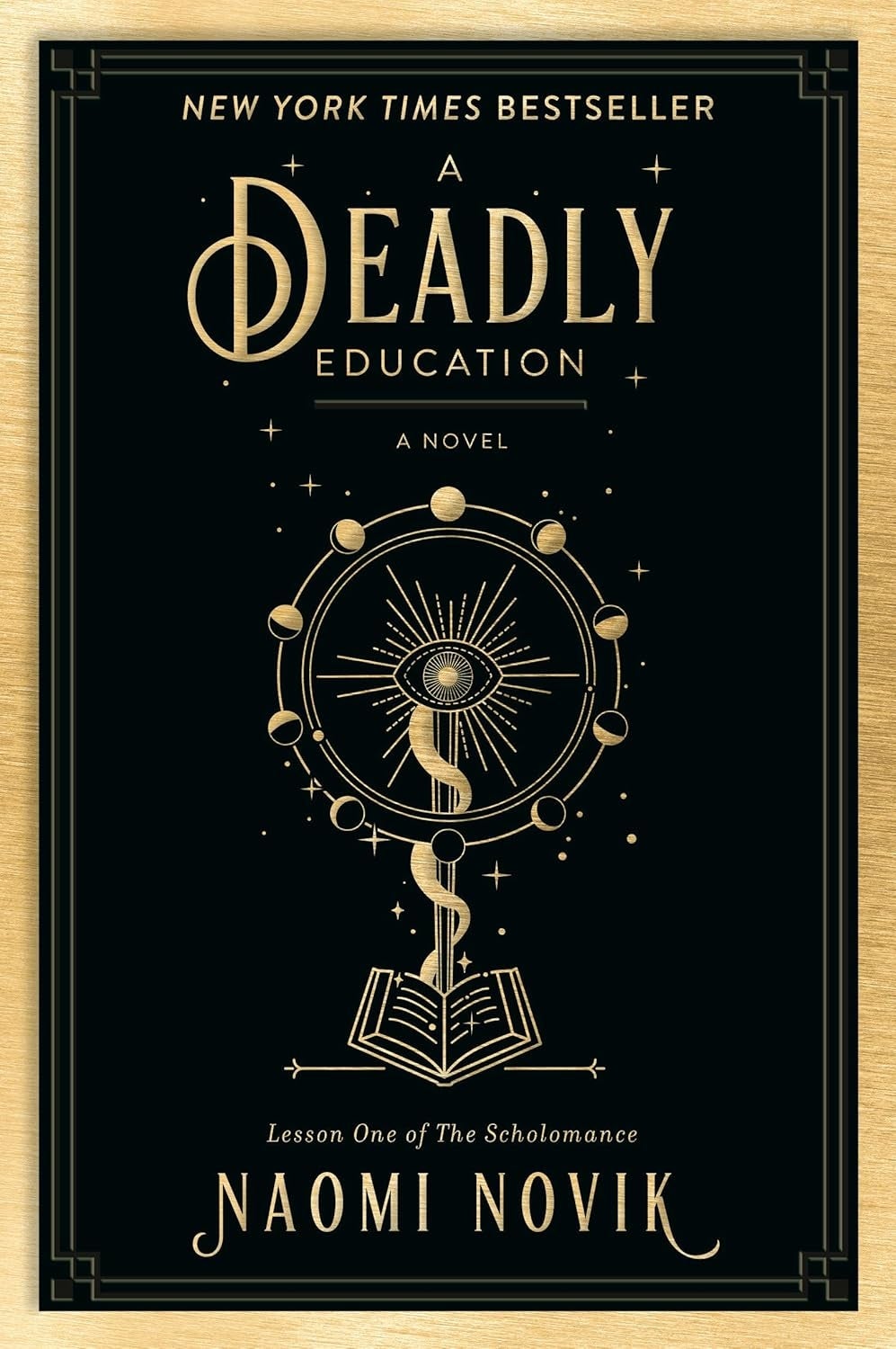 Cover of "A Deadly Education" by Naomi Novik, with mystical symbols and "New York Times Bestseller" text