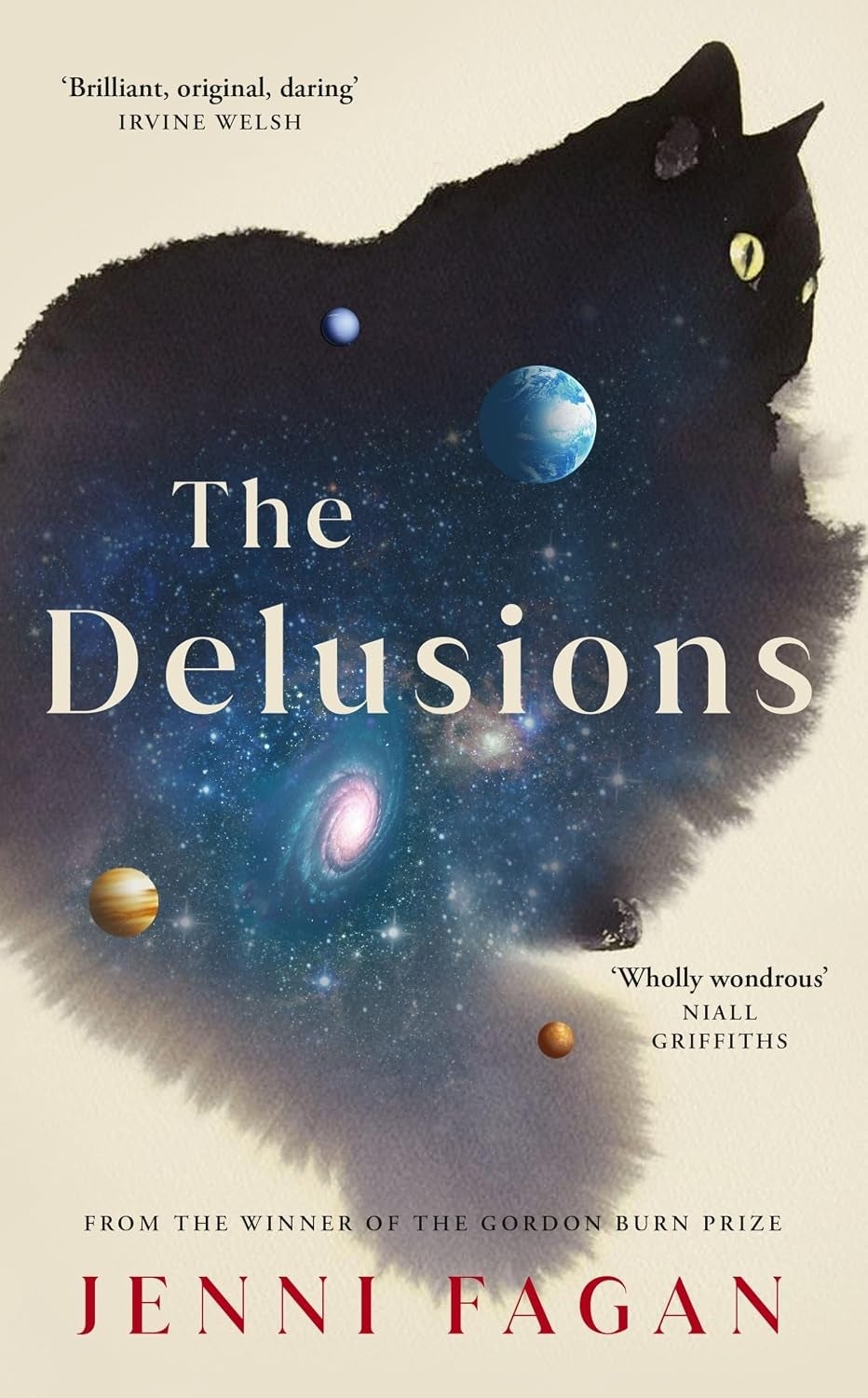 Book screen  of "The Delusions" by Jenni Fagan, featuring a cosmic feline  silhouette with planets and galaxies. Quotes from Irvine Welsh and Niall Griffiths
