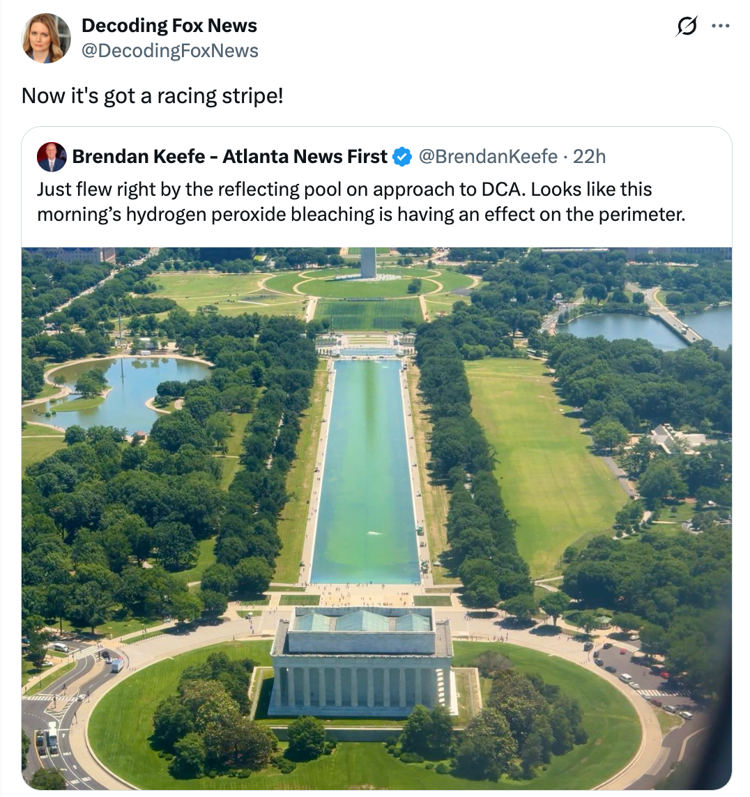 Aerial presumption of the National Mall, Washington D.C., displaying the Reflecting Pool with a disposable discoloration on its length