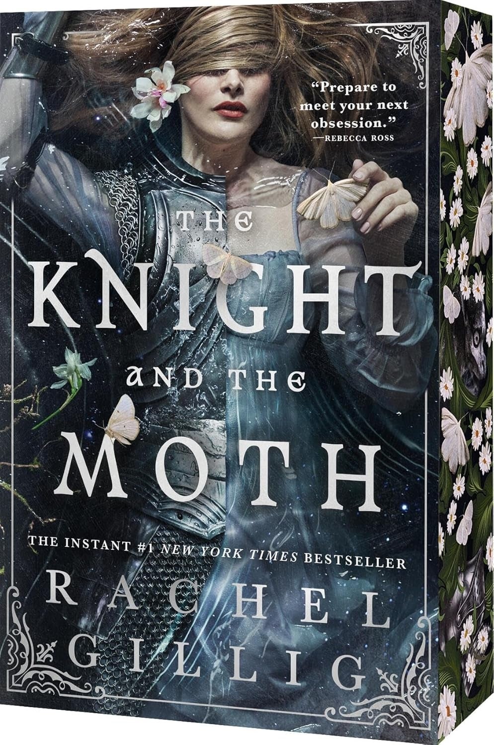 Book screen  of "The Knight and the Moth" by Rachel Gillig, featuring a knight successful  ornate armor, surrounded by moths, flowers, and a mystical atmosphere