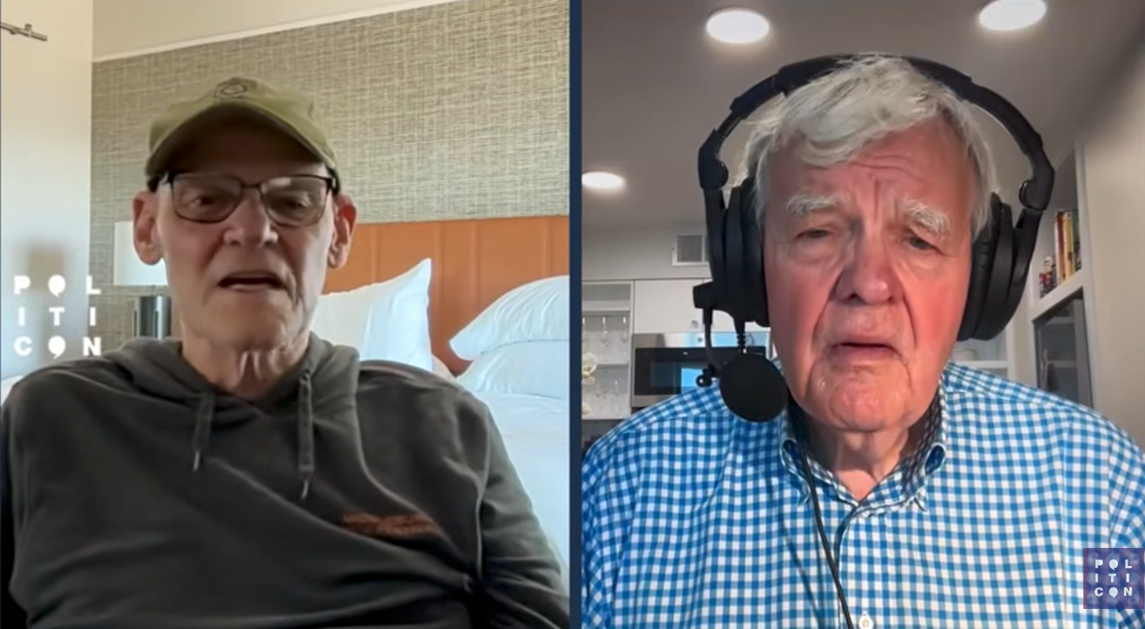 Two men person an online video conversation. One wears a casual hoodie and glasses, the different a checkered garment with a headset