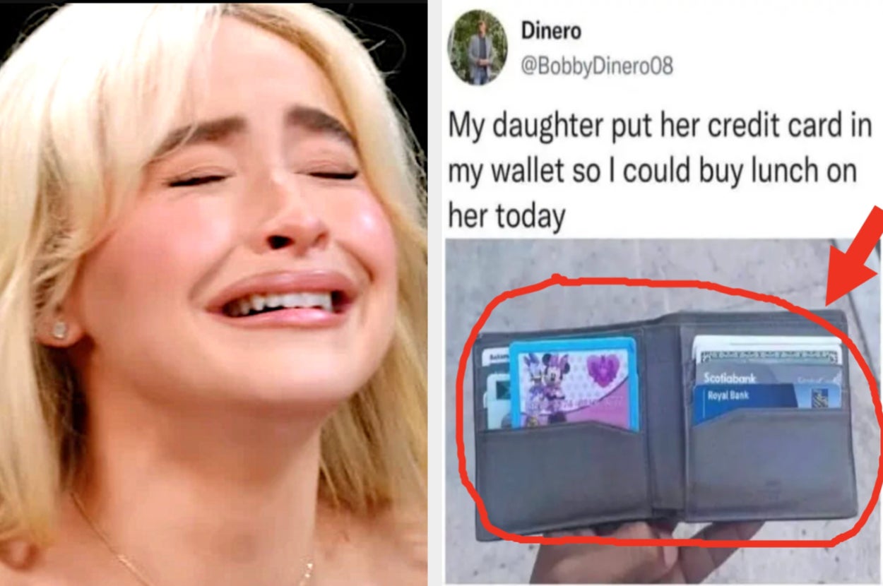 Crying person next to a tweet about a daughter putting her credit card in her dad's wallet for his lunch, shown with a circled image of a wallet and credit card
