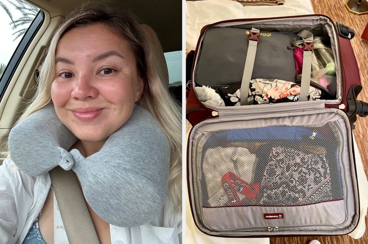 Left: Person wearing a travel neck pillow in a car. Right: Open suitcase packed with clothes and essentials
