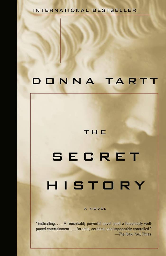 Cover of "The Secret History" by Donna Tartt, featuring a classical sculpture and praise from The New York Times connected  its gripping and cerebral nature