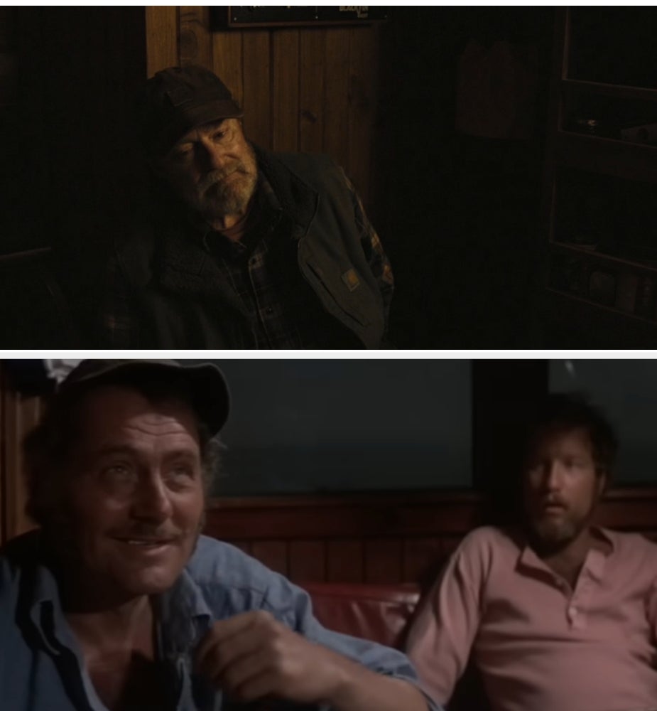 A country   from a movie   featuring 3  men indoors, wearing casual clothing, with a absorption   connected  their expressions and conversation