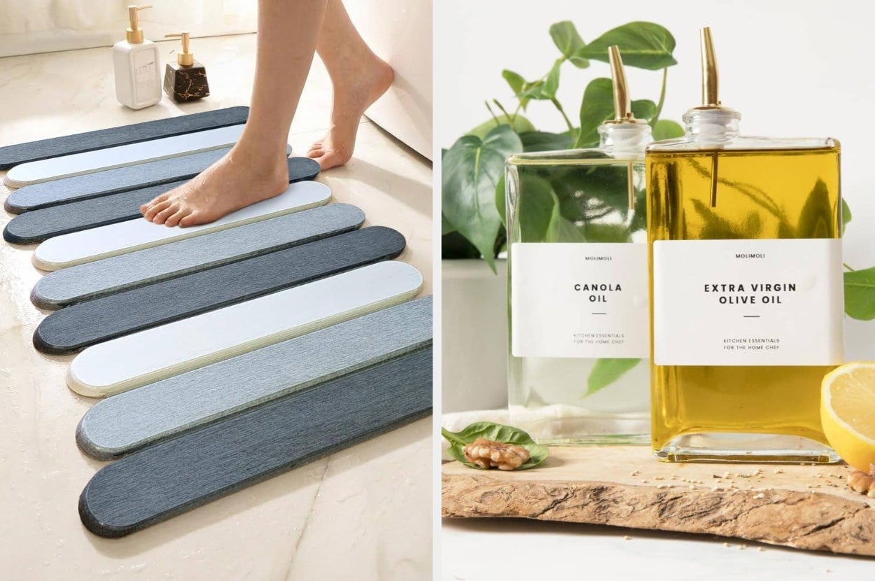 Left: Person stepping on a modern wooden bath mat. Right: Bottled canola and olive oils on a rustic board with greenery