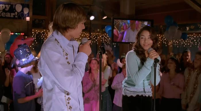 Troy and Gabriella sing karaoke in the opening sciene of high school musical