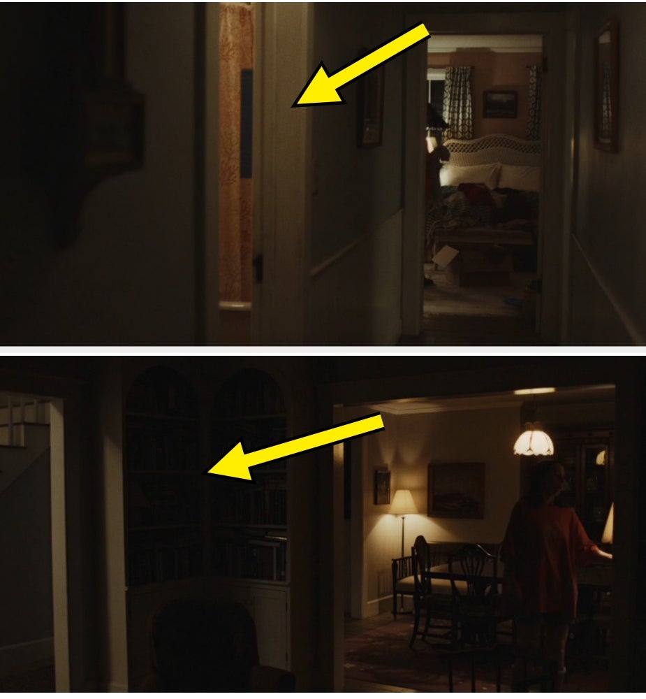 Two images amusement   dimly lit hallways with yellowish  arrows pointing astatine  antithetic  spots connected  the walls