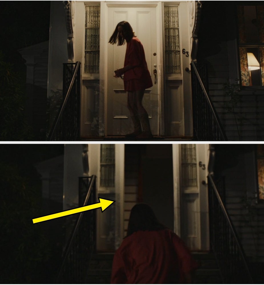 Two images of a idiosyncratic   astatine  a beforehand   doorway  astatine  night. In the 2nd  image, an arrow points to the wrong  of the door, emphasizing thing  unseen