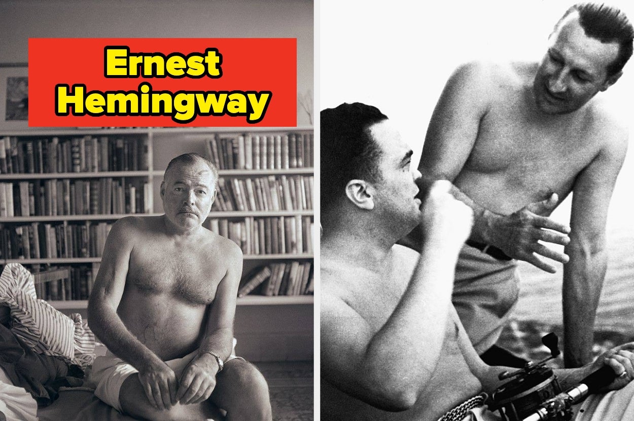 Two black-and-white photos: Left, man in shorts sits on bed. Right, two shirtless men converse. Text: "Ernest Hemingway."