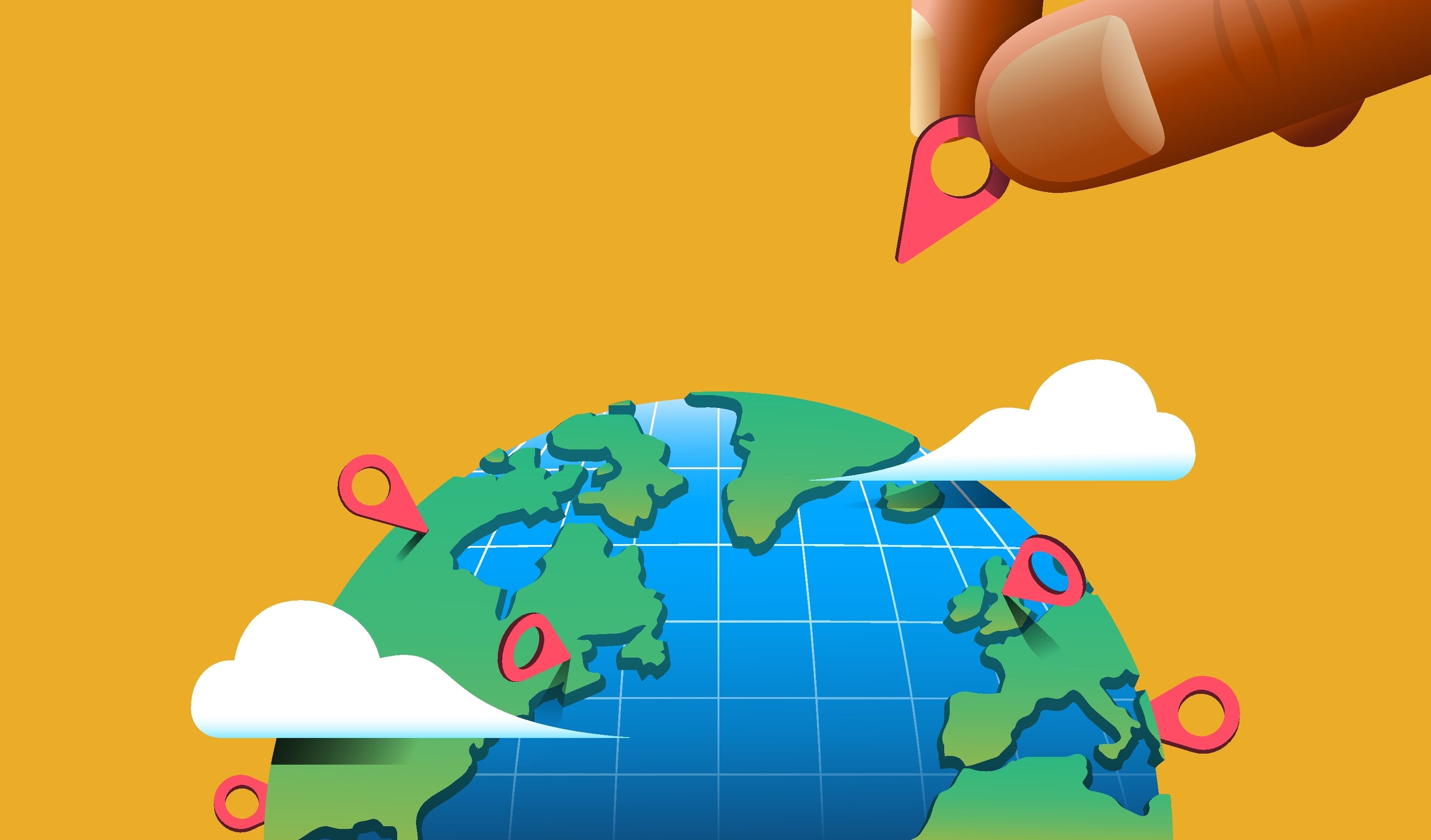 A hand places a map pin on a globe, surrounded by clouds, symbolizing global connectivity in gaming