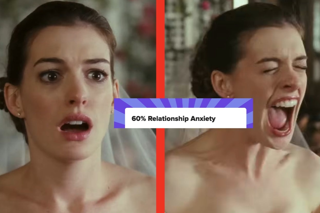 Bride with anxious and shouting expressions, text reads "60% Relationship Anxiety."
