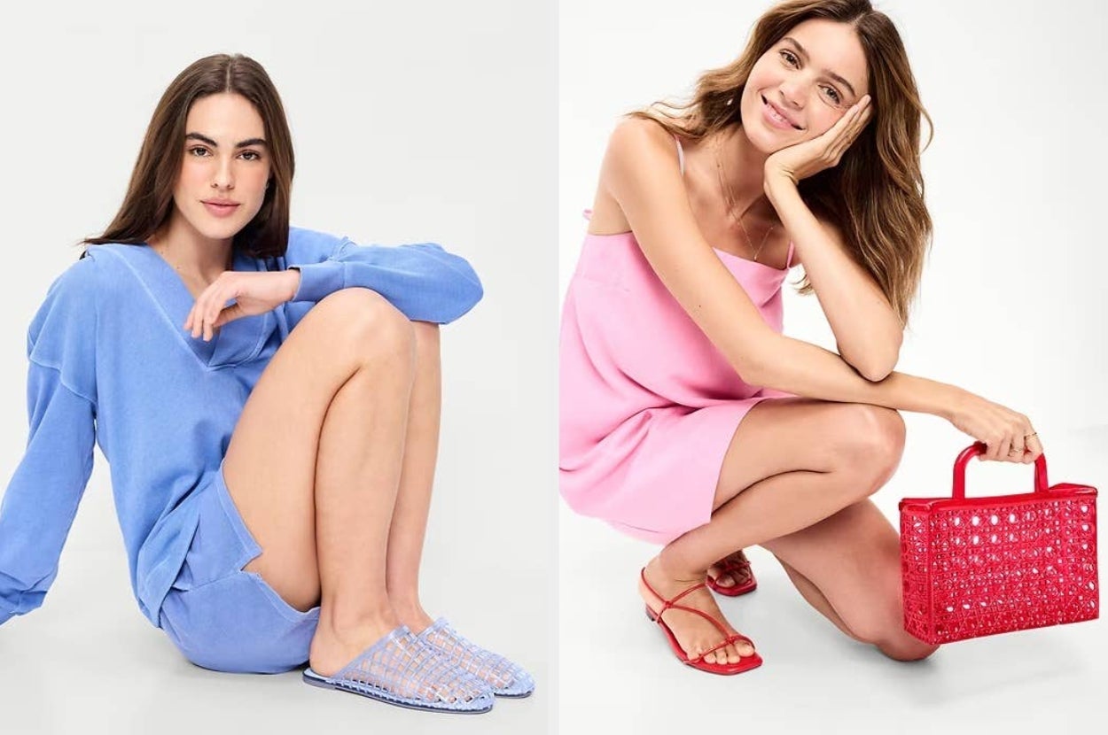 Two models display casual summer clothing: left in a blue lounge set with woven slippers; right in a pink dress, red heeled sandals, and carrying a red bag