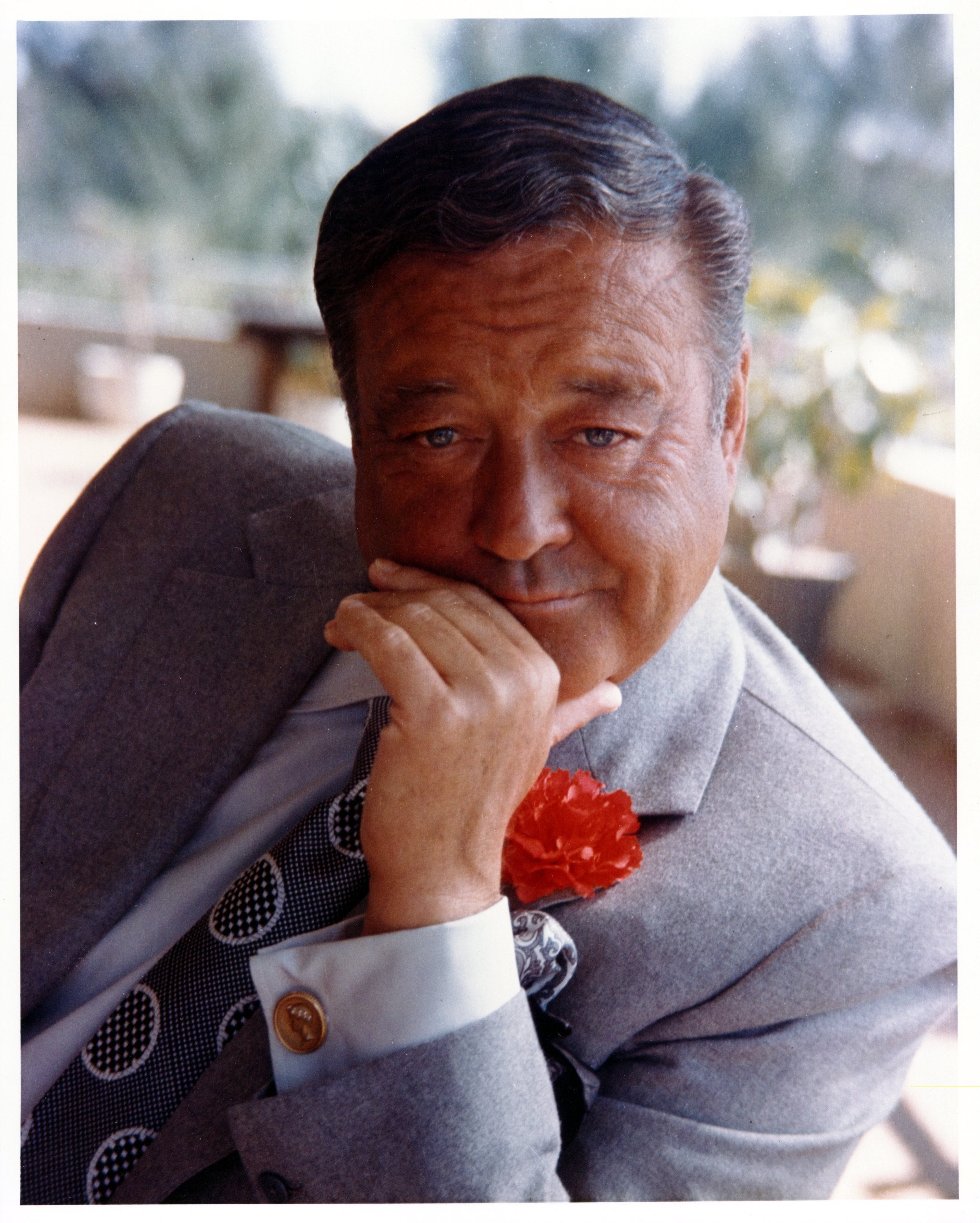 Person successful a suit with a patterned necktie and a reddish angiosperm pin, posing thoughtfully with chin resting connected manus successful an outdoor setting