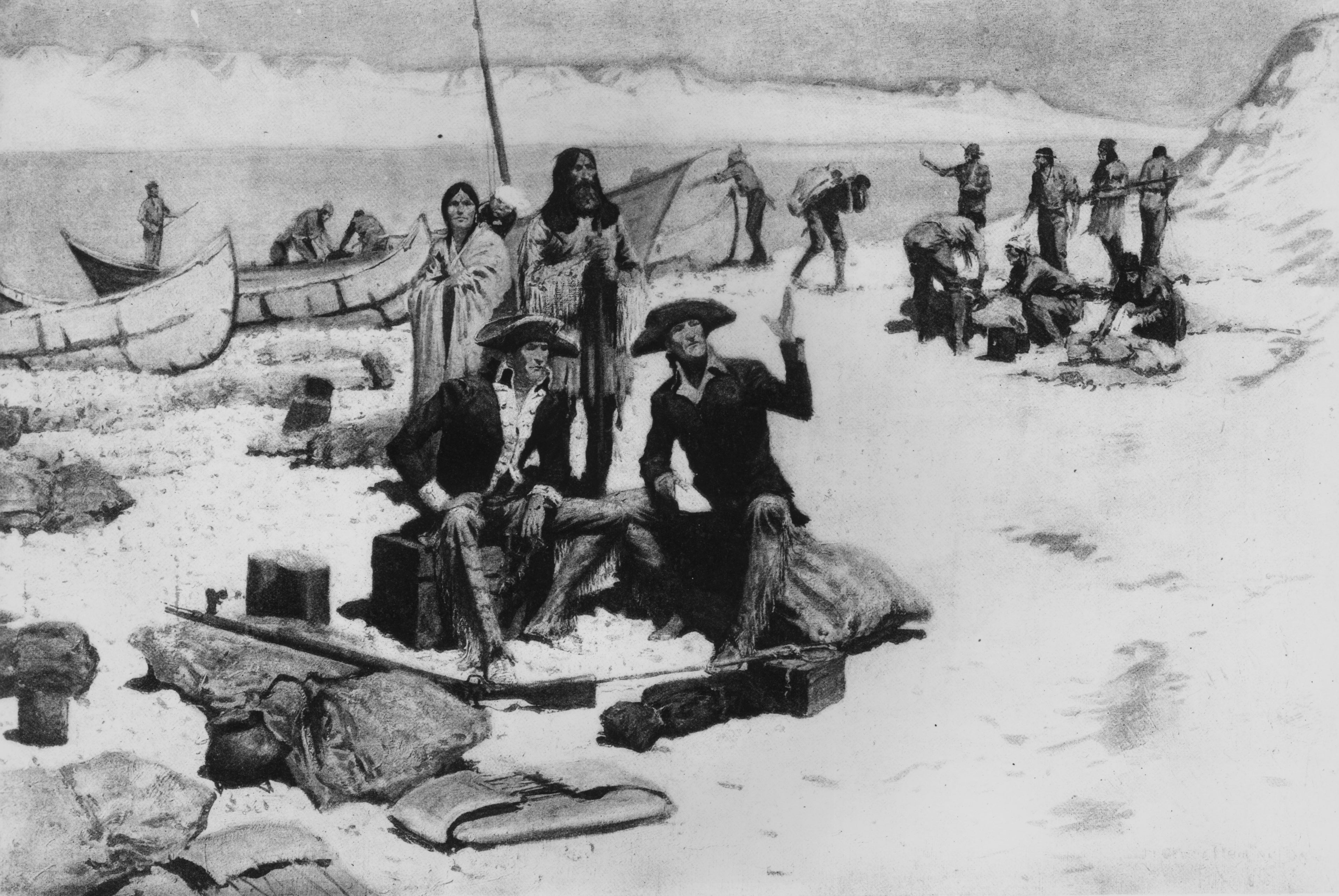 Historical illustration of Lewis and Clark astatine a coastal campsite with their expedition squad organizing supplies and canoes