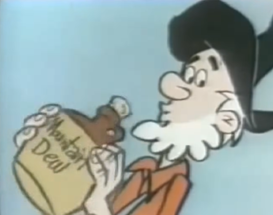 Cartoon quality holding a jug labeled "Mountain Dew," wearing a ample chapeau and displaying a funny expression