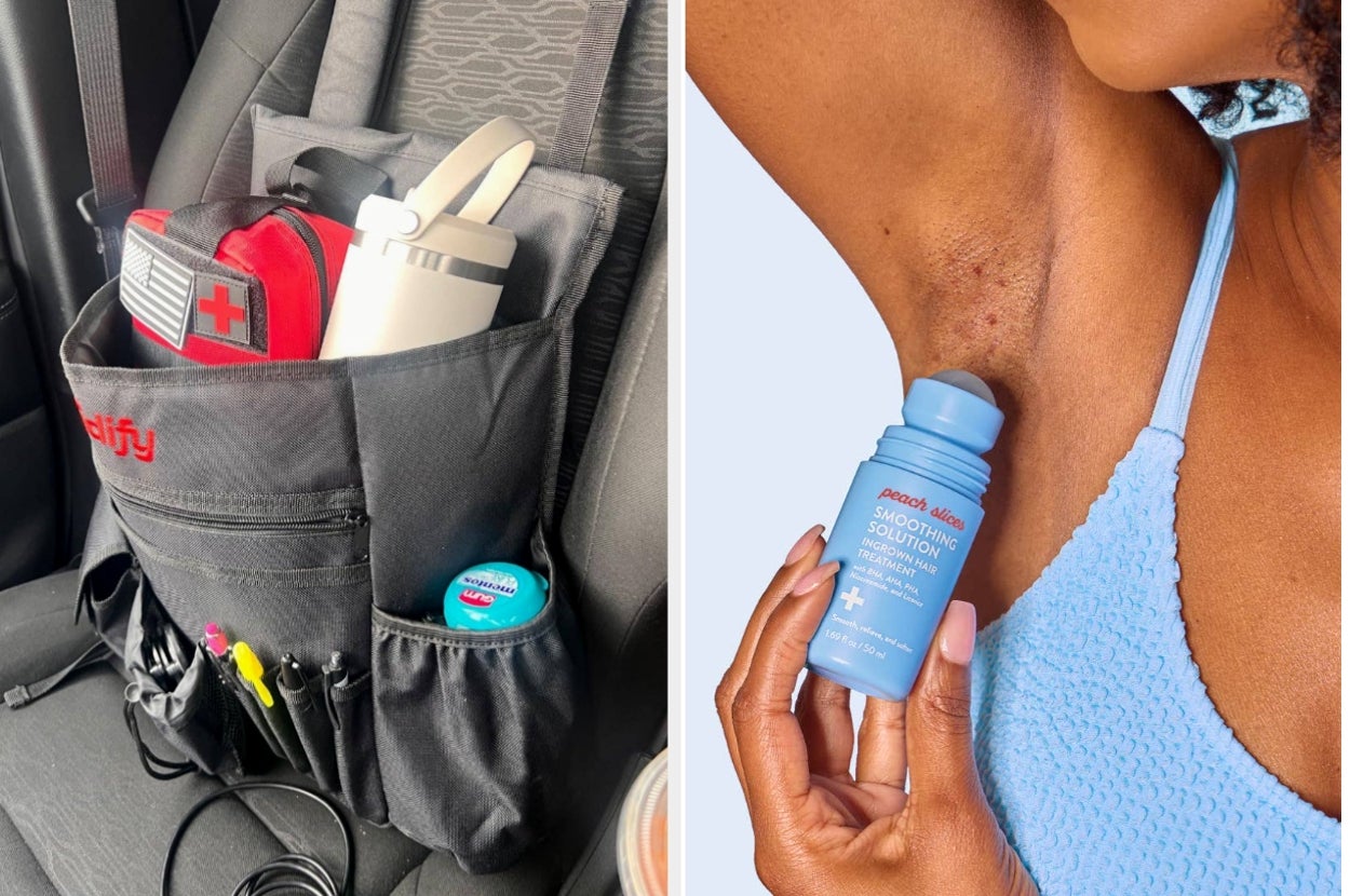 left: car seat organizer filled with a first aid kit, water bottle, and other essentials; right: model applying Peach Slices Smoothing Solution to their underarm with ingrown hairs and bumps