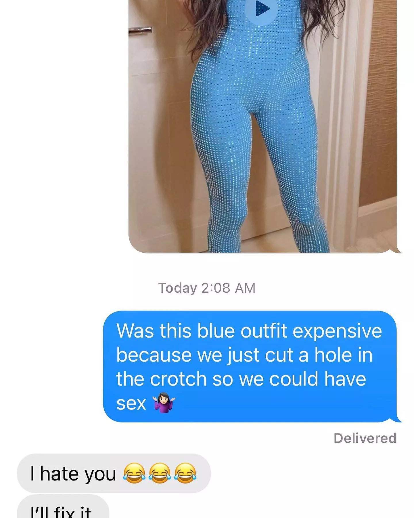 Text conversation between a celebrity and stylist about cutting a hole in the crotch of an outfit to have sex