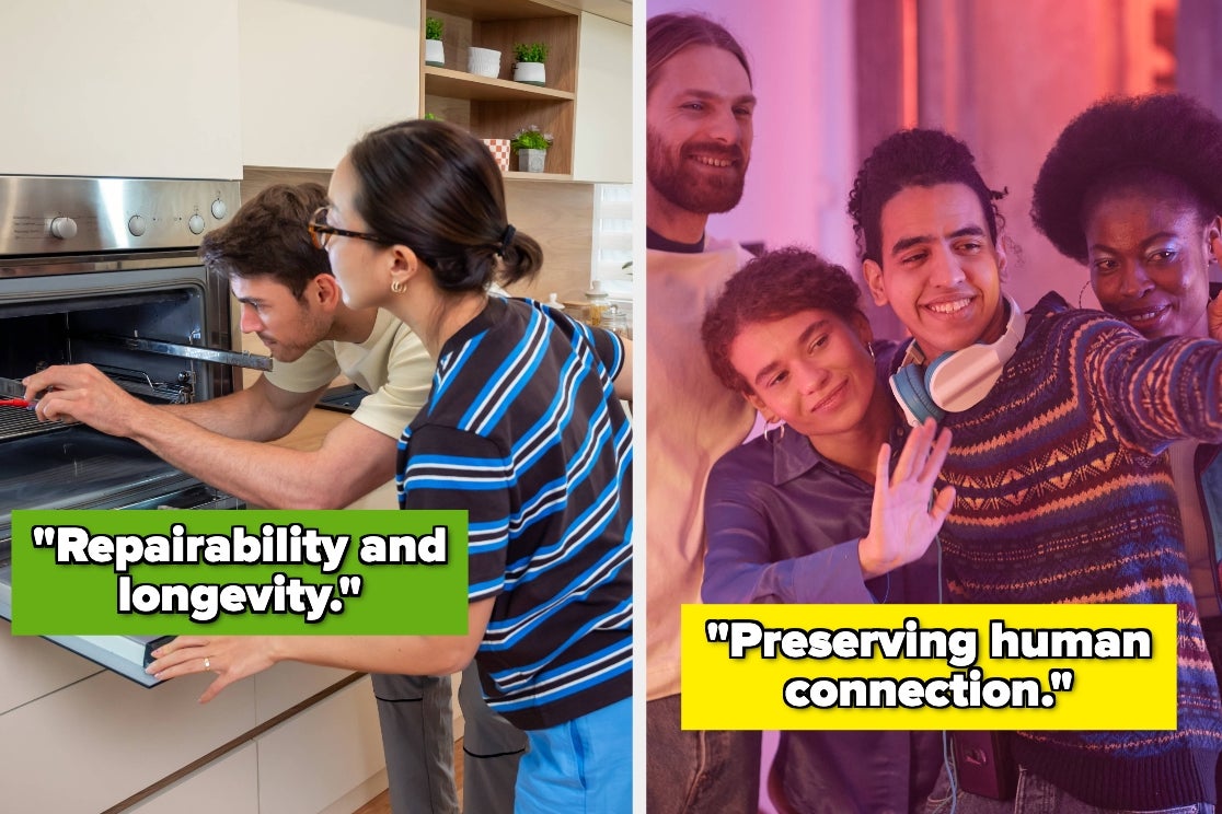 Left: People inspecting an oven, text reads "Repairability and longevity." Right: Group taking a selfie, text reads "Preserving human connection."