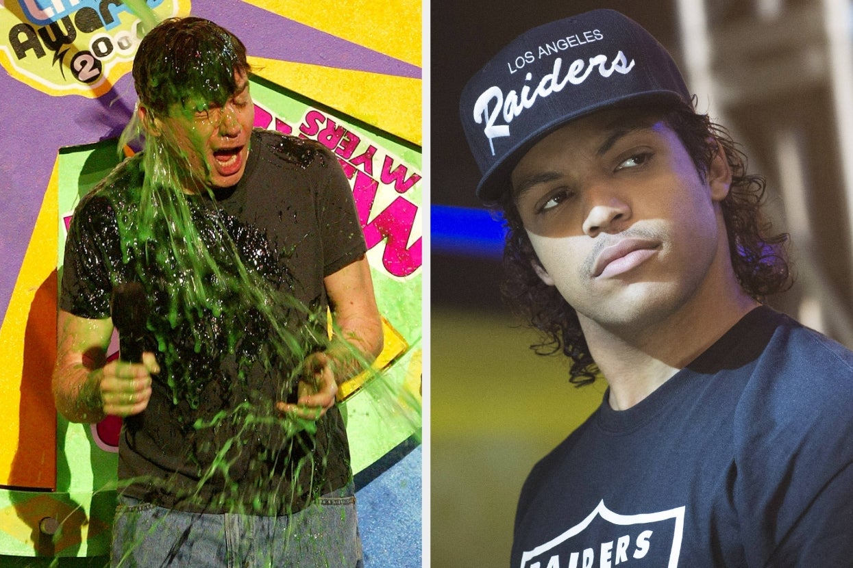Split image of Mike Myers getting slimed and O'Shea Jackson Jr. in "Straight Outta Compton"