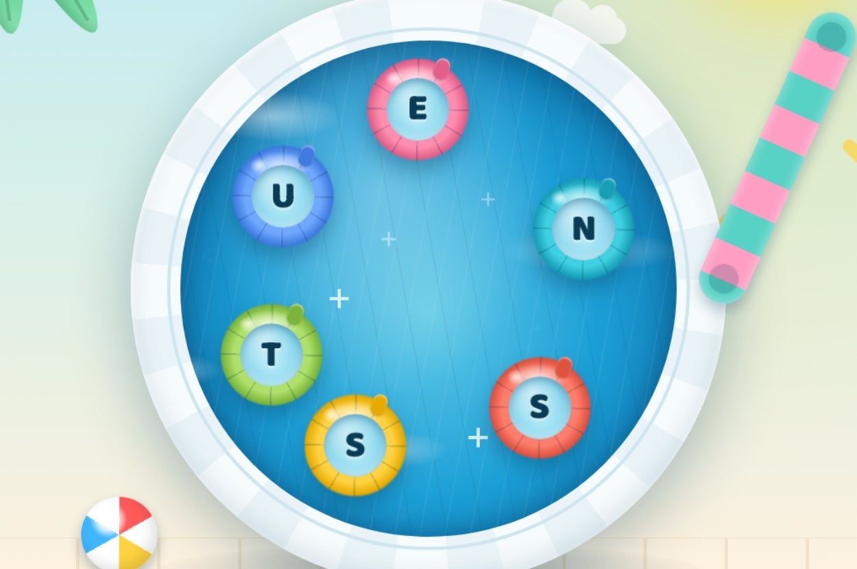 Pool with six floating rings showing letters: U, E, N, T, S, S