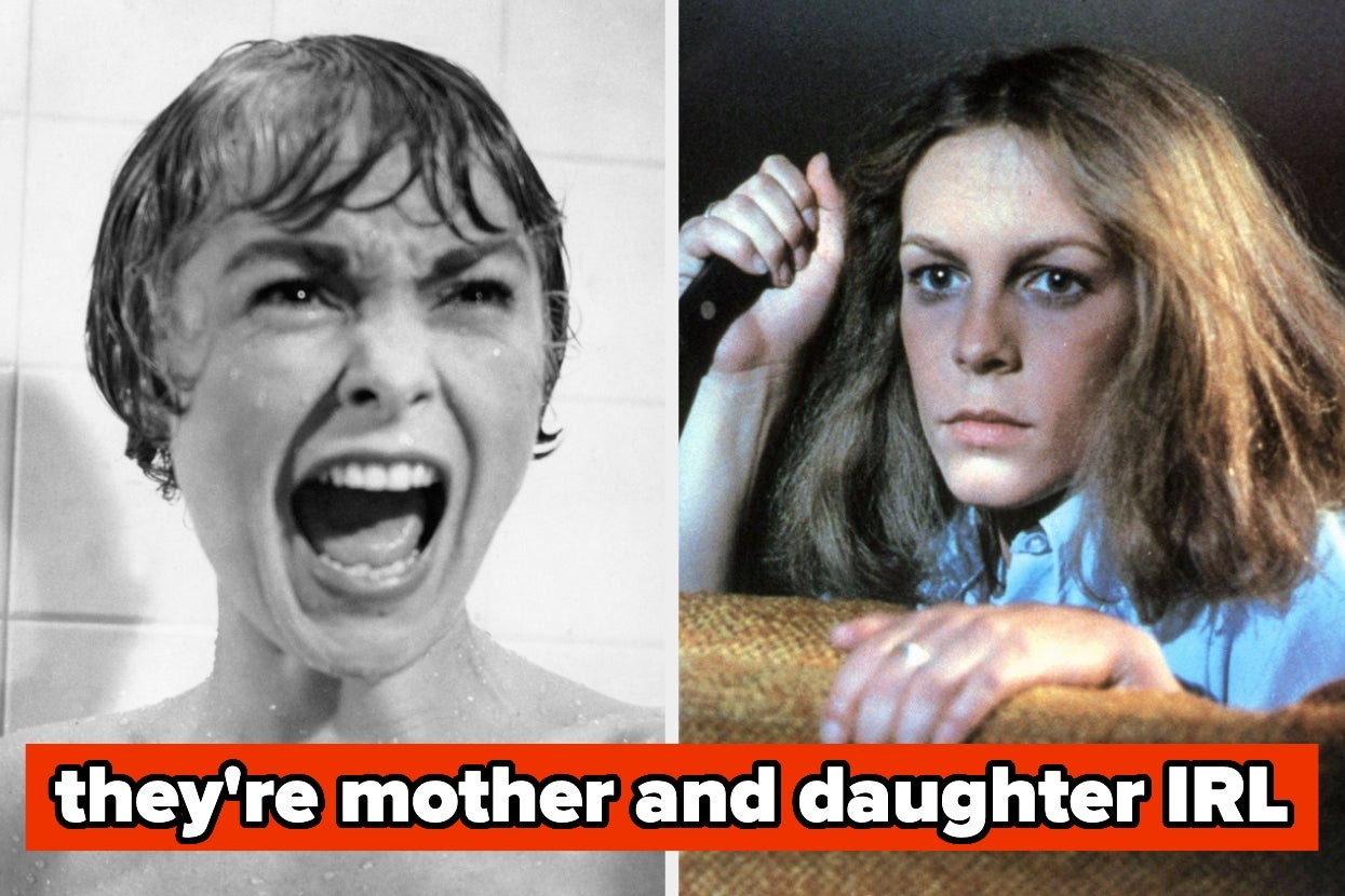 Split image of Janet Leigh in "Psycho" and Jamie Lee Curtis in "Halloween," text overlay: they're mother and daughter IRL