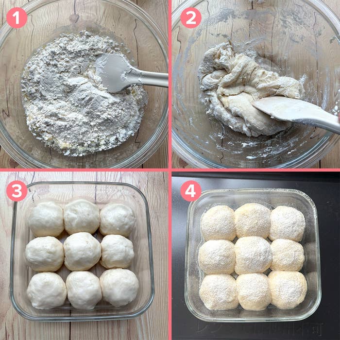 ガラスボウルでパン生地を作るプロセスの4つのステップ: 材料の混合から、成形まで。