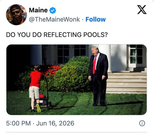 A man in a suit watches a child with a lawnmower in front of a large building. The tweet asks, "Do you do reflecting pools?"