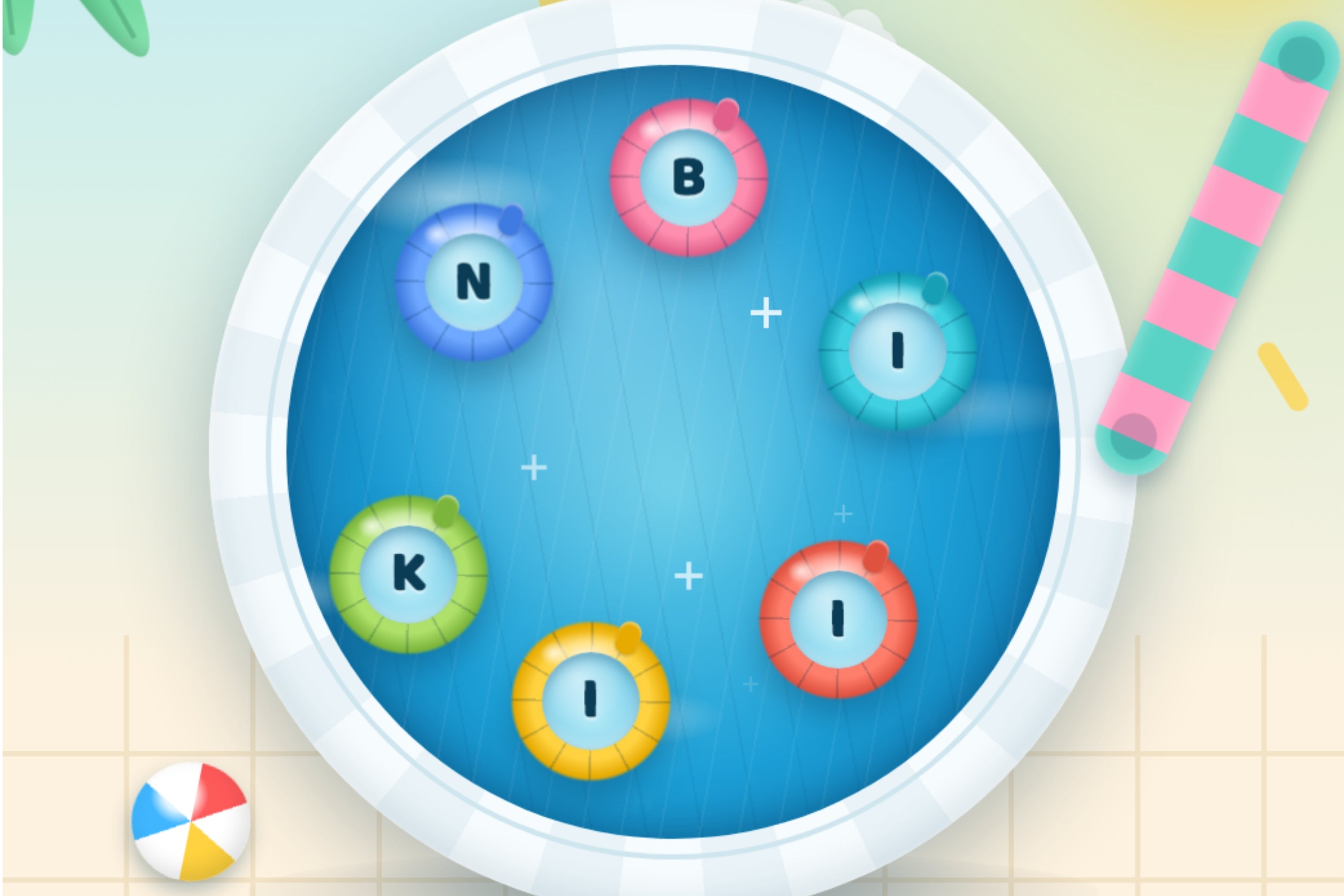 Circular puzzle with colorful rings displaying the letters Y, A, C, H, E inside a pool setting, with a toy ball nearby