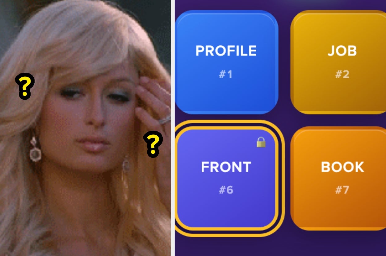 A woman in glamorous attire looks puzzled. Next to her, a grid displays words: "Profile," "Job," "Front," and "Book," with numbers beside them