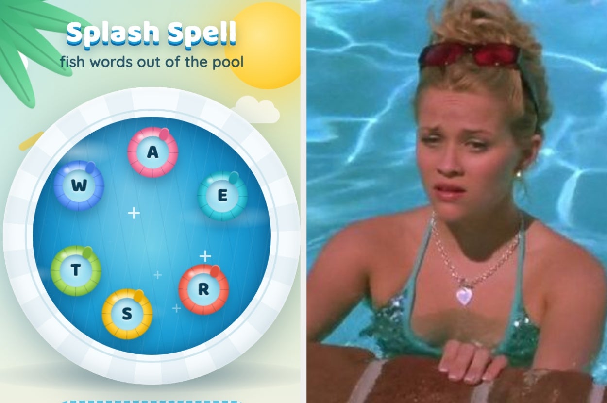 A game titled "Splash Spell" featuring floating letter rings, beside a scene of a woman in a pool. The article is about games