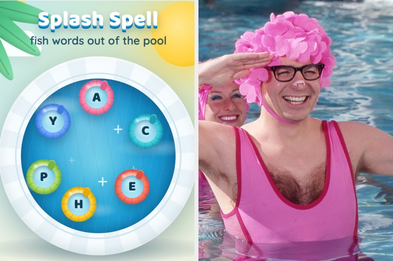 Split image: Left shows a pool with colorful letter rings spelling words, right shows a person in a pink swimsuit and floral swim cap smiling in a pool