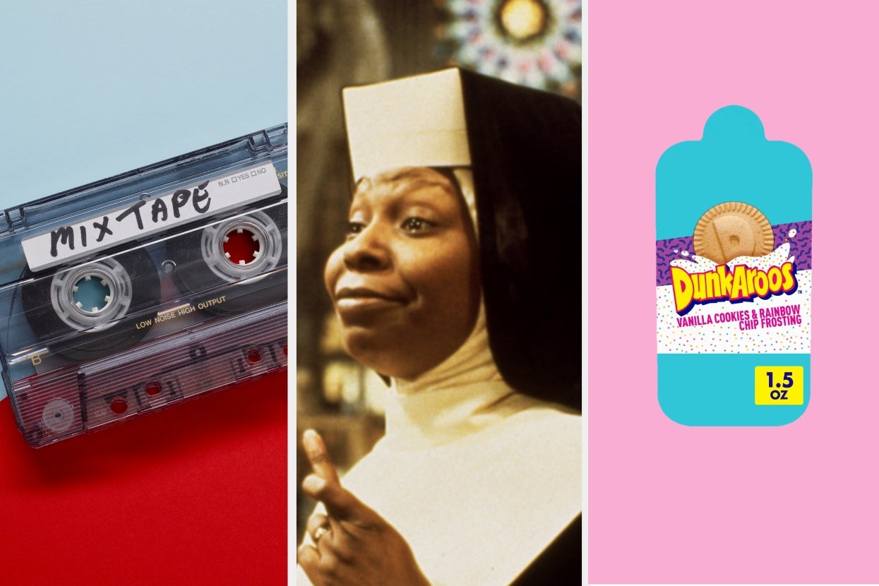 A mixtape, Whoopi Goldberg as a nun in "Sister Act," and a Dunkaroos snack package are shown side-by-side