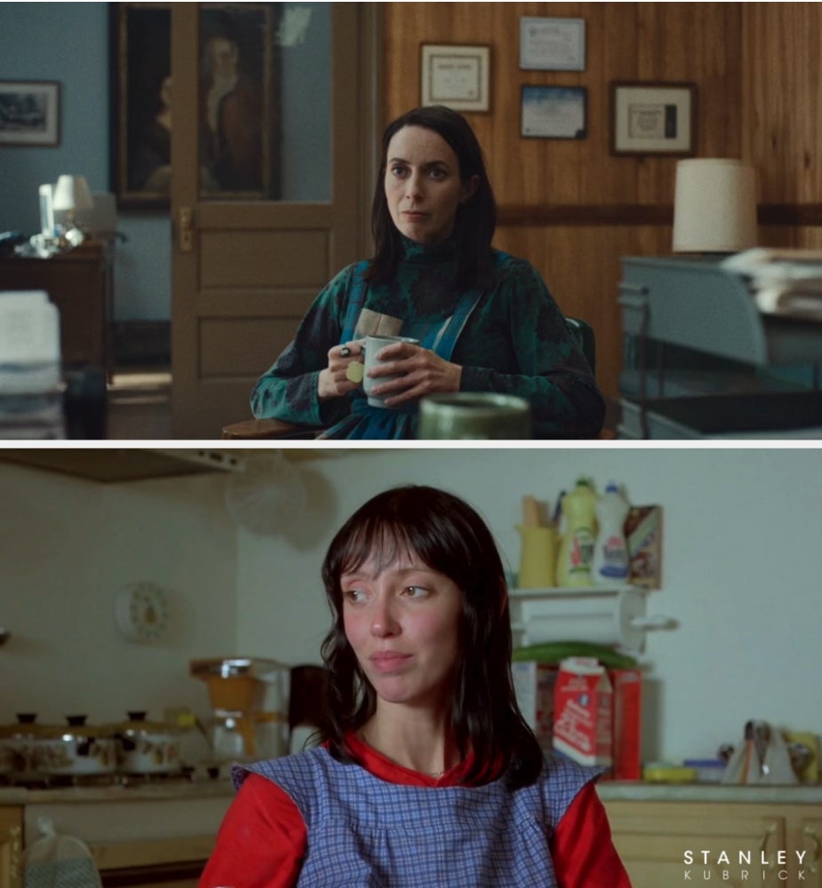 Two women successful  abstracted  scenes, 1  holding a mug successful  an office, the different   successful  a room  with a thoughtful expression