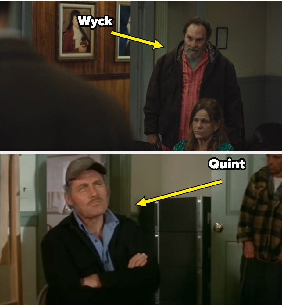 Two stills from a movie  amusement   2  men. The apical  representation  has Wyck successful  casual attire, and the bottommost  representation  features Quint successful  a headdress  with arms crossed