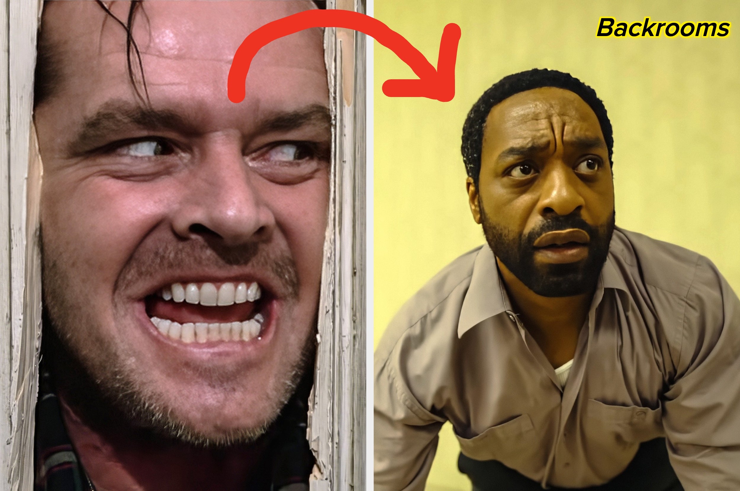 Left: Close-up of a person with a menacing expression. Right: Another person looking concerned in a dimly lit room labeled "Backrooms."