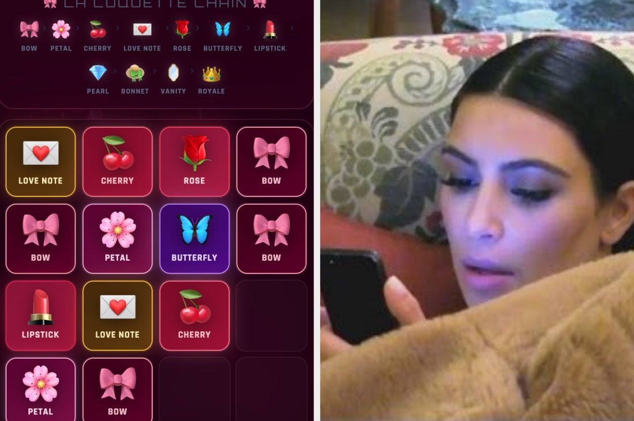Game interface with icons like hearts and cherries on the left; person laying on a couch using a smartphone on the right