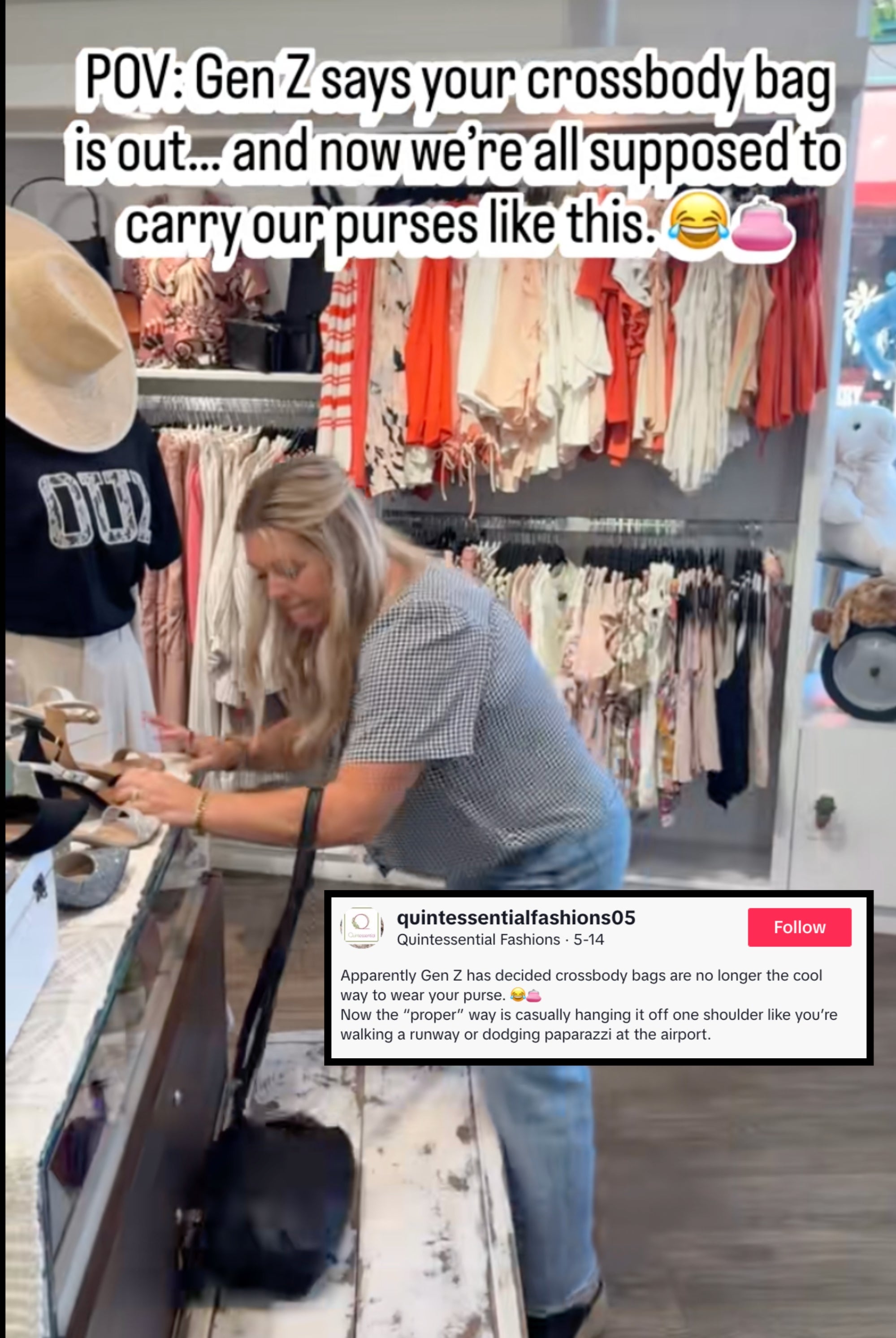 Person successful  a store   humorously posing with a crossbody container  worn low, with substance   joking astir  Gen Z manner  trends
