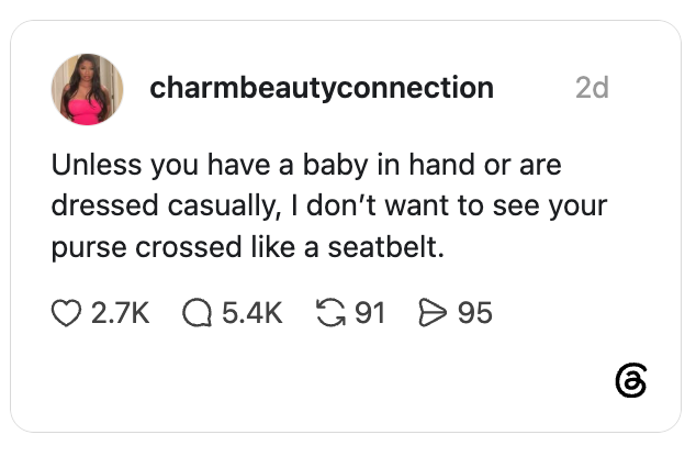 Instagram station by charmbeautyconnection discusses the benignant of wearing a crossbody purse and suggests alternatives unless holding a babe oregon dressing casually