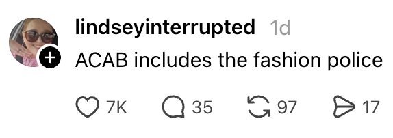 Instagram remark by "lindseyinterrupted" saying, "ACAB includes the manner police," with engagement icons beneath it