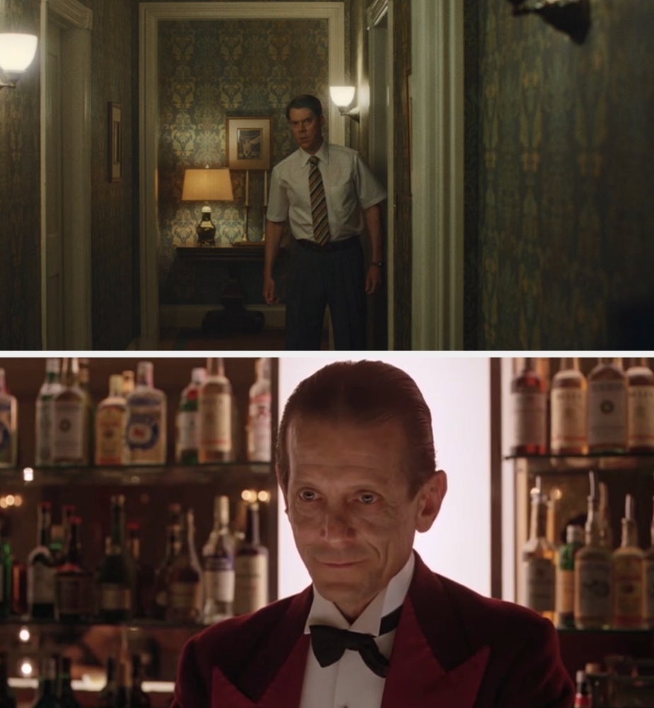 Man successful  hallway wearing a necktie  and shirt, looking concerned. Below, a bartender successful  a fancy reddish  suit   and achromatic  bow necktie  stands successful  beforehand   of shelves with bottles