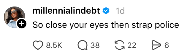 "So adjacent your eyes past strap police." Post has 8.5K likes, 38 comments, and 6 shares