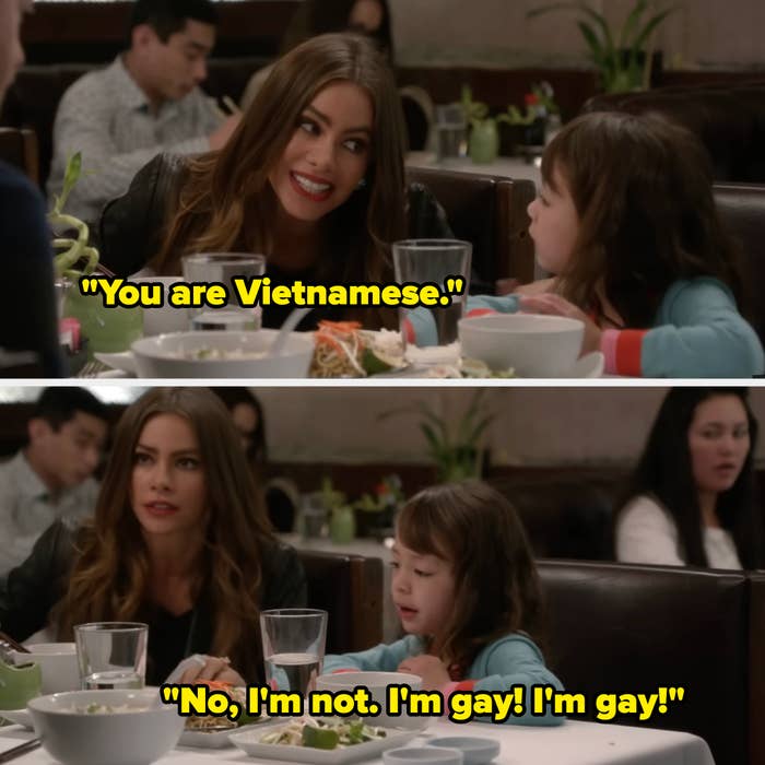 Scene from a TV amusement   with a pistillate   and a kid  astatine  a restaurant. Child humorously misunderstands "Vietnamese" arsenic  "gay."