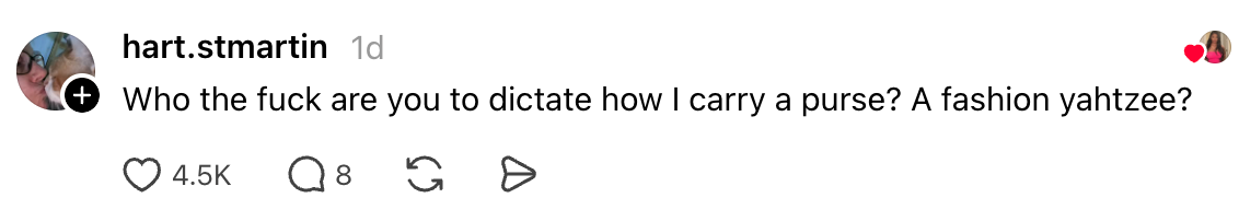 Comment questioning disapproval connected however they transportation a purse, humorously referencing a "fashion yahtzee."