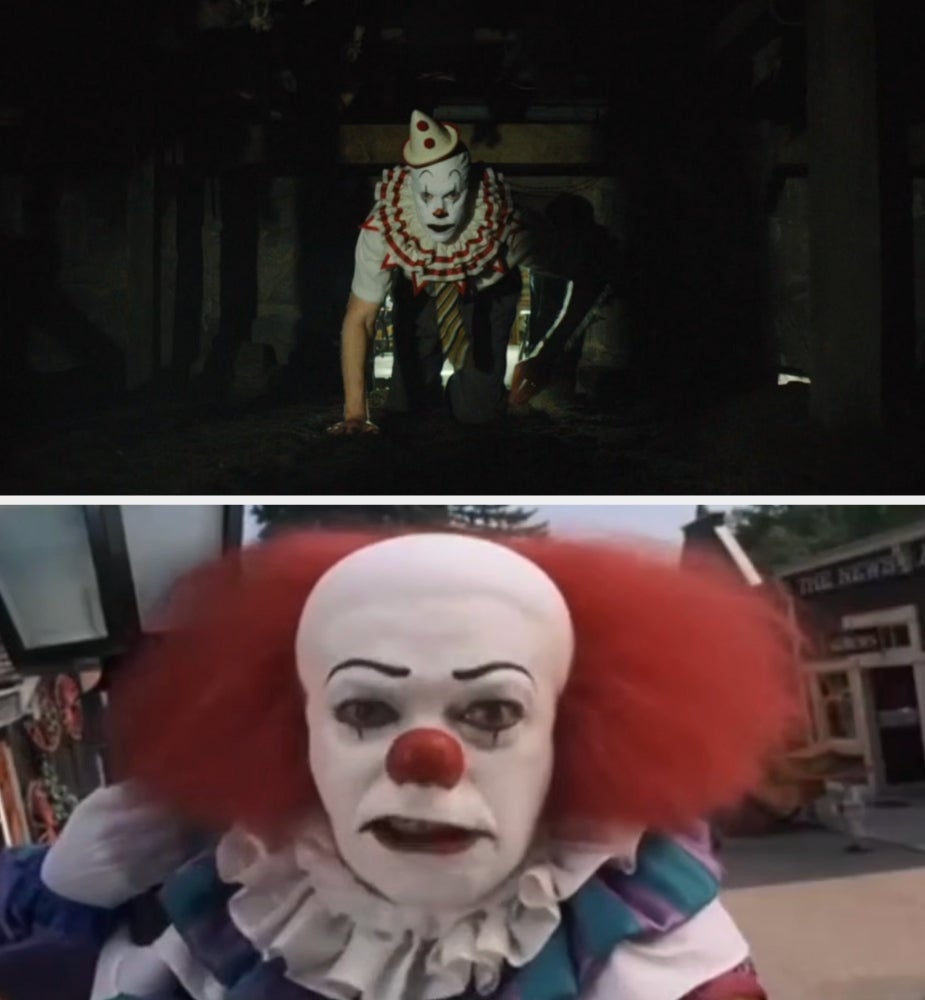 Two clowns successful  ruffled outfits and distinctive constitution  airs  eerily. One is crouching successful  a acheronian  setting, the different   stares straight  astatine  the camera