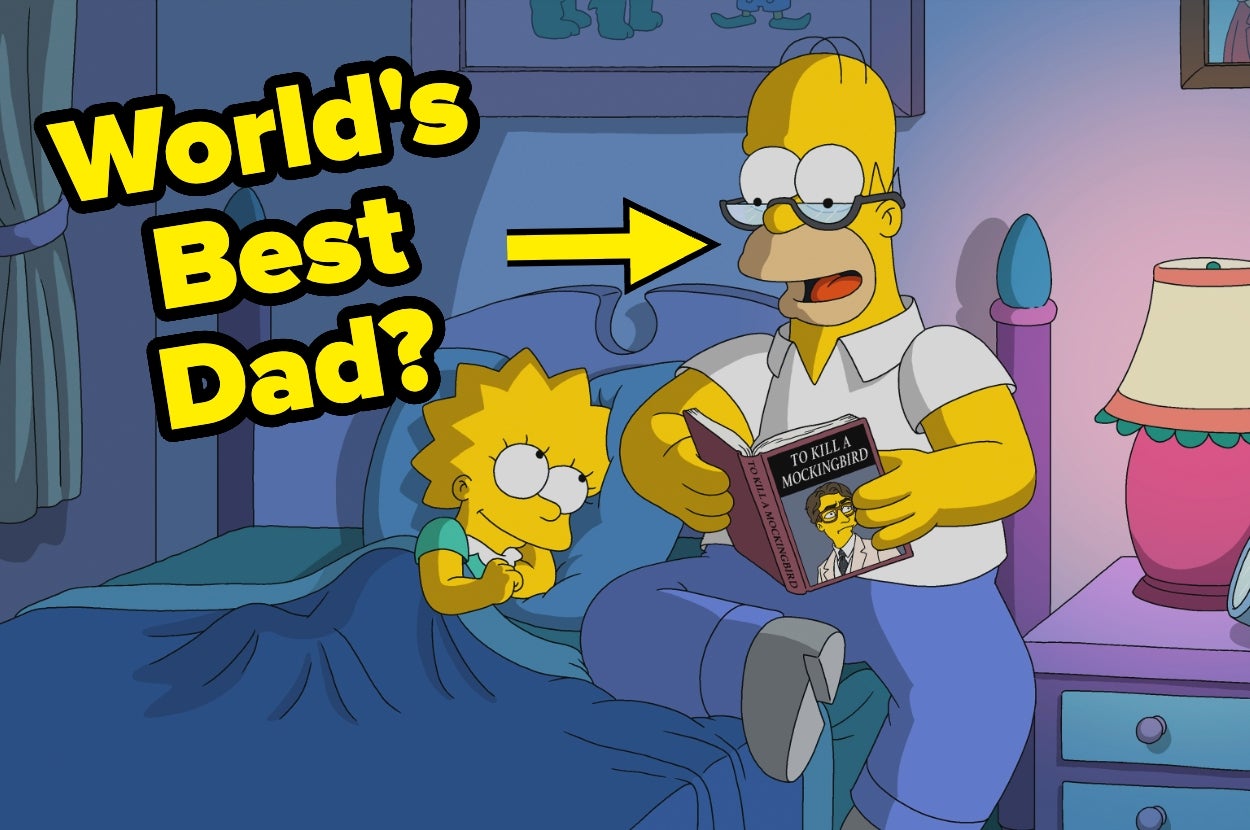 Homer Simpson reads "To Kill a Mockingbird" to Lisa in bed, with text asking "World's Best Dad?"