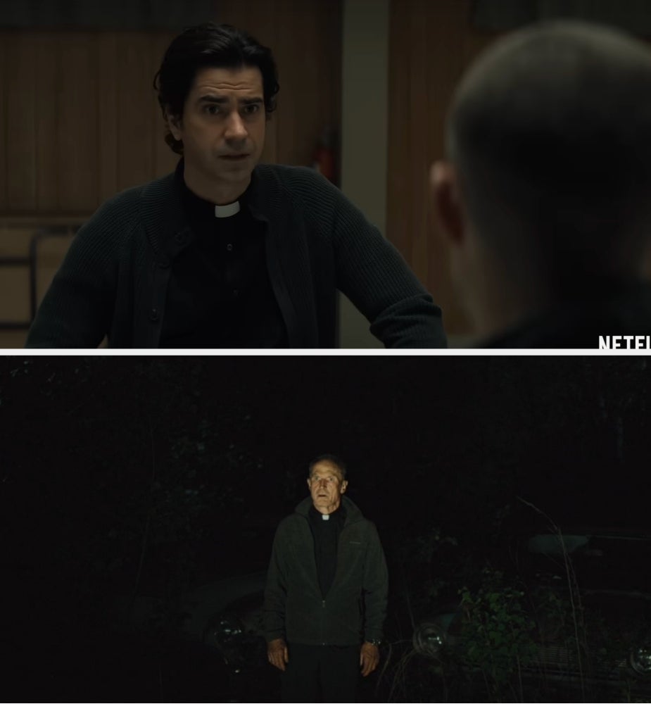  A antheral   successful  a clerical outfit talks to different  idiosyncratic   indoors; an older antheral   stands extracurricular  astatine  night, looking concerned