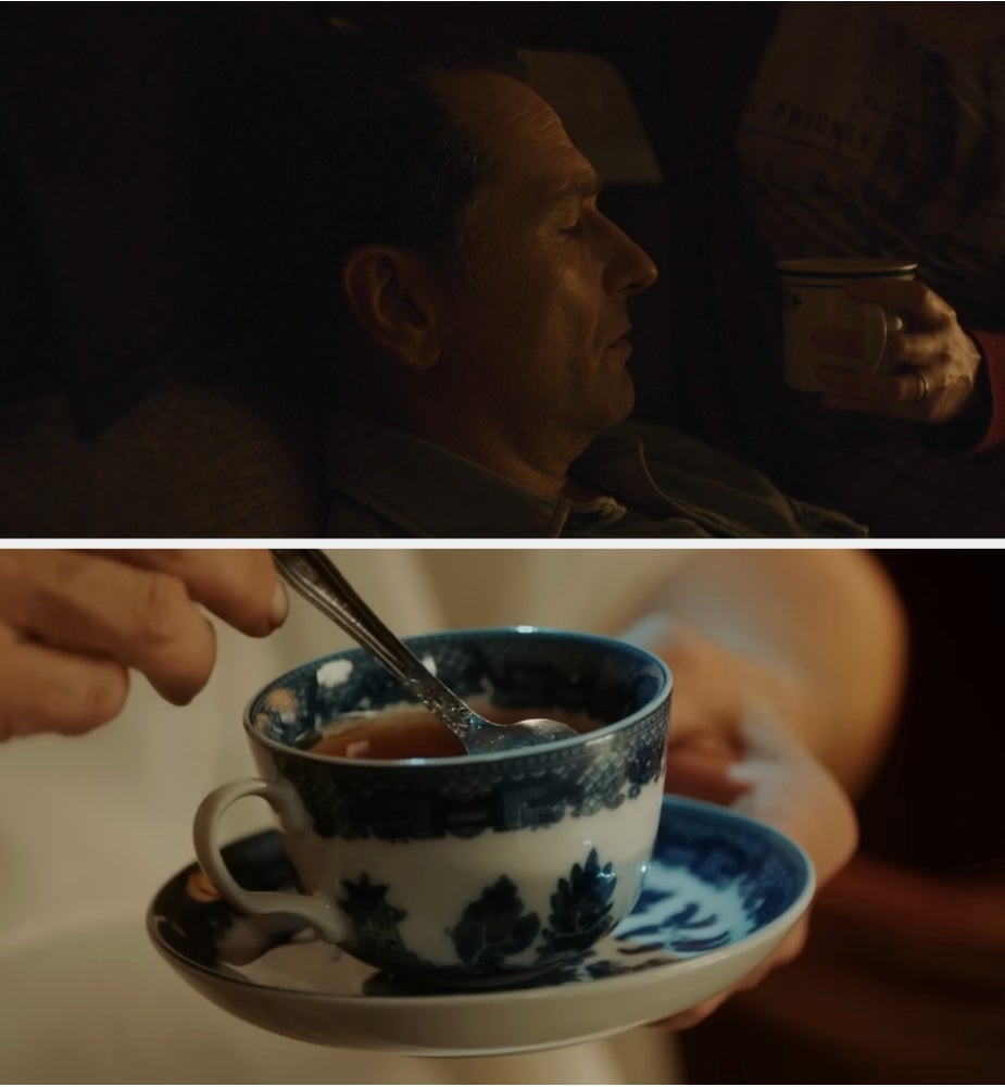 A antheral   sits softly  with his eyes closed successful  dim light. Below, a close-up of a manus  holding a teacup with a spoon successful  it